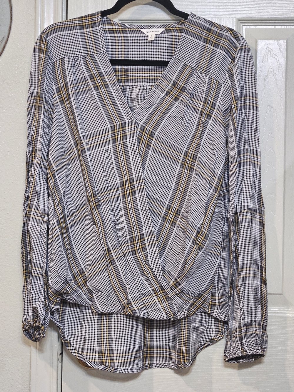 Max Studio Black White & Mustard Plaid Wrap-Front Tunic